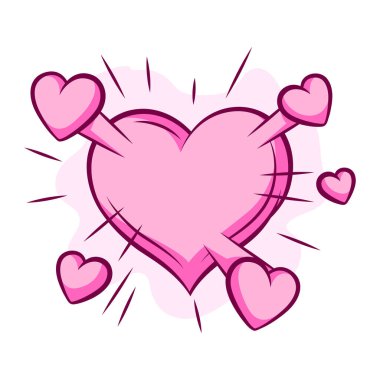 Sevgililer Günü çizgi filmi kalp patlaması. Komik bir şekilde romantik konuşma balonu. Tebrik kartına bayılırım. Tasarım için dekoratif öge.