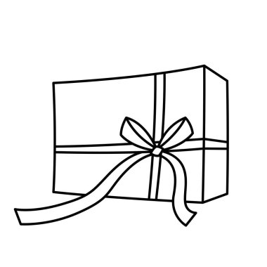 Hediye kutusunun resmi. Kara çizgi, kutlama, indirim ve terfi için hediye kutuları sunar. Doğrusal resimleme.