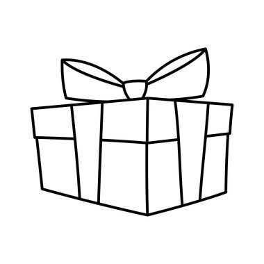Hediye kutusunun resmi. Kara çizgi, kutlama, indirim ve terfi için hediye kutuları sunar. Doğrusal resimleme.