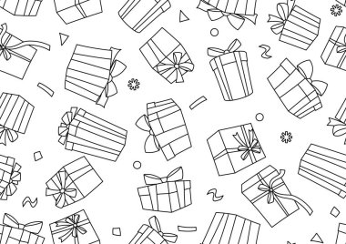 Hediye kutusunun resmi. Kara çizgi, kutlama, indirim ve terfi için hediye kutuları sunar. Doğrusal resimleme.