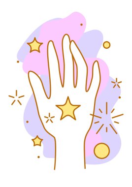 Sihirli yıldızlar ellerinde. Avuç içi ya da gök cisimleri. Çizgi sanatı tarzı. Özet çizimi.