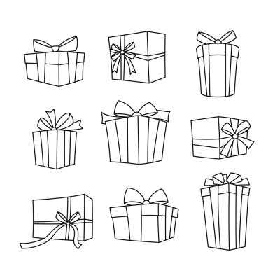 Hediye kutusunun resmi. Kara çizgi, kutlama, indirim ve terfi için hediye kutuları sunar. Doğrusal resimleme.