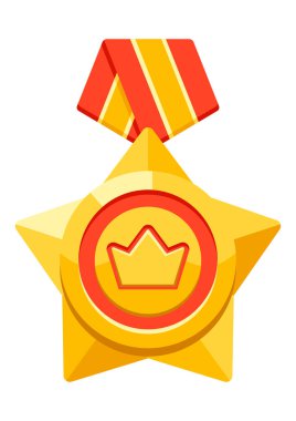 Kurdeleli ve taçlı altın madalya. Kazananlar için oyun ödülü. Spor müsabakaları için ödülün tasviri. Şirket ve iş başarısı.