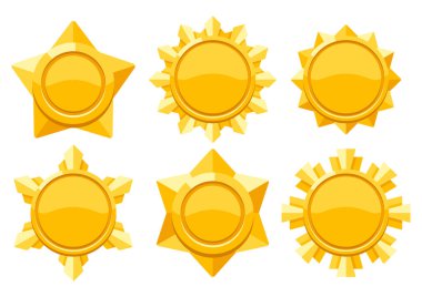 Set of gold medals with ribbon. Game award for the winners. Illustration of prize for sports competitions. Corporate and business achievement.