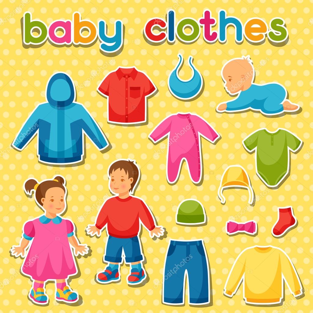 Baby clothes. Set of clothing items for newborns and children Stock