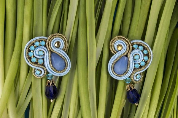 Soutache bijouterie blue earrings with blue stones and light-blue and cyan crystals on the green background of grass stems — Stock Photo, Image