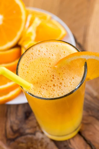 Glass Fresh Orange Juice Fresh Fruits Wooden Background — Stock Photo, Image