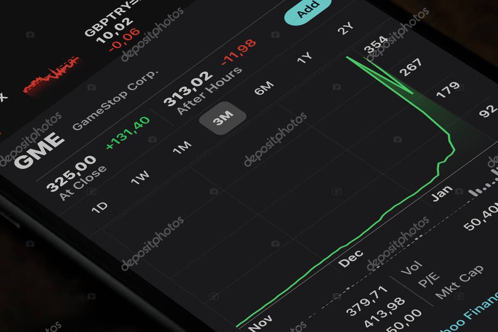 Antalya, TURKEY - January 30, 2021. GameStop Corp stock index is seen on an iPhone. GameStop's stock soars as small traders from a Reddit group team up against big institutions.