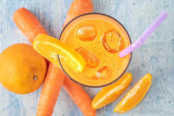 Carrot Orange Fresh Juice Blue Table — Stock Photo, Image