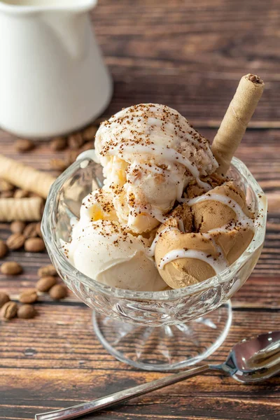 Walnut Cream Caramel Roma Ice Cream Glass Bowl Ground Coffee — Stock Photo, Image