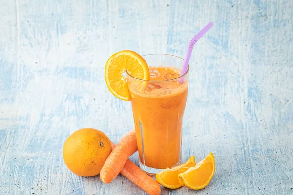 Carrot Orange Fresh Juice Blue Table — Stock Photo, Image