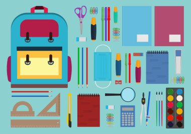 Okul malzemeleri koleksiyonu, beyaz arka planda izole edilmiş..