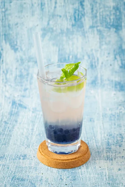Fruity Bubble Tea Glass Cup Blue Background — Stok Foto