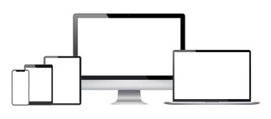 2021 'in gerçekçi dizaynı ince çerçeve bilgisayar monitörü, laptop, tablet, akıllı telefon - Eps 10 Vektör şablonu maketi.