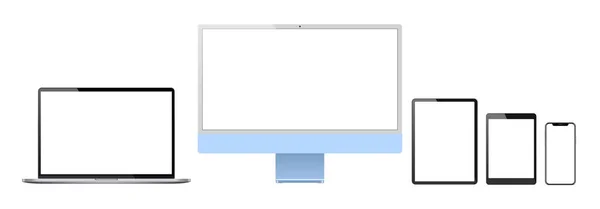 2021年一套实用的新设计薄框电脑显示器 笔记本电脑 平板电脑 智能手机 Eps 10矢量模板模拟 — 图库矢量图片