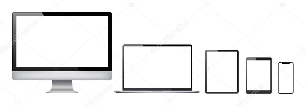 Realistic set of 2021 new design thin frame Computer monitor, laptop, tablet, smart phone - Eps 10 Vector template mock up.