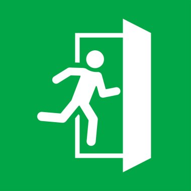 Yeşil renkli yangın çıkışı tabelası. Uyarı işareti. Kapıya koşan adamın simgesi.
