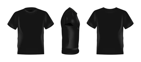 Preto Macho Shirt Realista Conjunto Mockup Lado Frente Verso Vista — Vetor de Stock