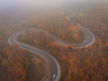 Domanic, Kutahya 'daki sonbahar ormanlarında dolambaçlı yolun yukarıdan aşağıya drone görüntüsü.