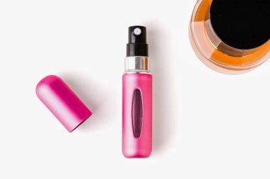 Top view mini perfume atomizer bottle and fragrance composition