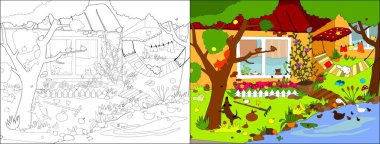 Konforlu ev dizisi. Boyama kitabı için Vektör illüstrasyonları.