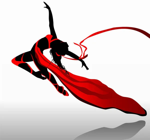 Beautiful Girl Dancing Red Dress Ribbon — Stock Vector