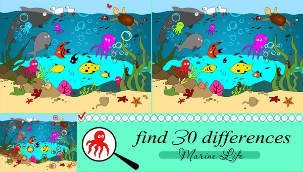 Vektor Zeichentrickillustration Mit Den Meeresbewohnern Finden Sie Unterschiede — Stockvektor