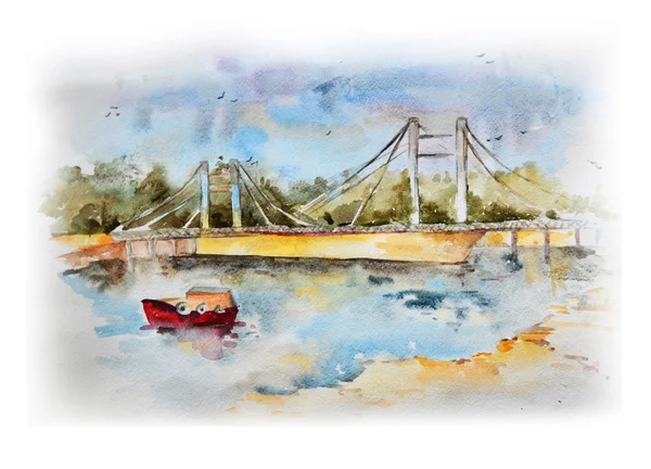 Watercolor sketch of river beach. — Stock Photo, Image