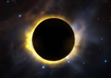 tam güneş tutulması, dış uzaydan görünümü galaksi arkaplan yıldızları. Bu görüntünün unsurları Nasa tarafından desteklenmektedir