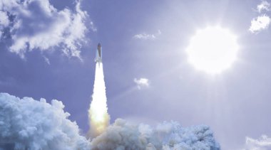 Bulutlu gökyüzündeki uzay mekiği NASA tarafından desteklenen uzay elementlerine doğru uçuyor.