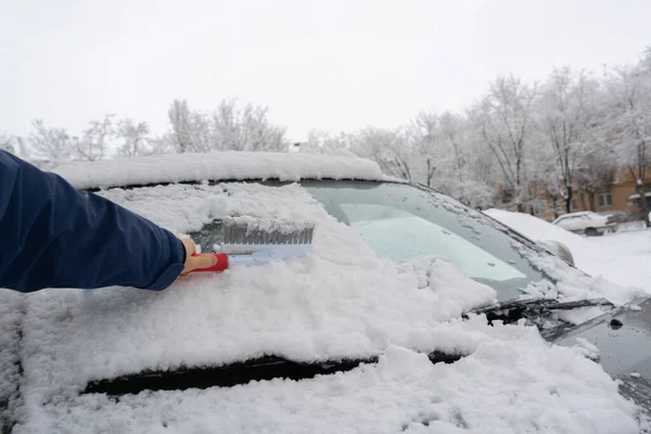 Driver Hand Creaning Car Snow Morning Journey — Stock Photo, Image