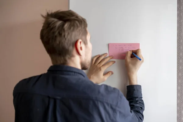 Una persona escribe texto recordatorio en la etiqueta de la nota en el refrigerador — Foto de Stock