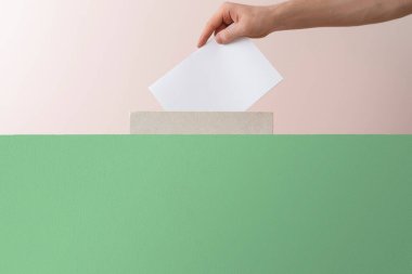 Demokrasi seçimleri için bir seçmen elini kavanoza koydu.