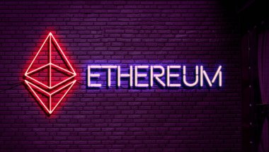 Duvardaki ethereum metin ve logo neon levhası, soyut kripto para birimi kavramı