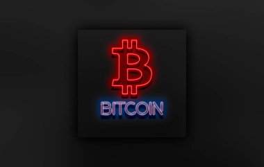 Duvarda bir bitcoin metin ve logo neon işareti, soyut kripto para birimi konsepti