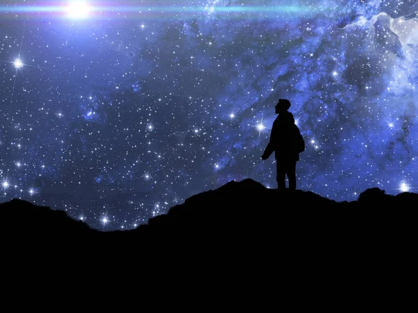 A silhouette of a person standing on top of mountain and watch the sky galaxy. elements of this image furnished by nasa — Stock Photo, Image