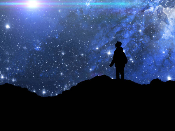 Silhouette of a person standing on top of mountain and watch the sky galaxy. elements of this image furnished by nasa