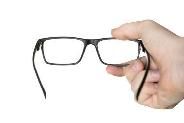 Bir gözlük, model tasarım, optik çerçeve tutan izole edilmiş beyaz insanlar