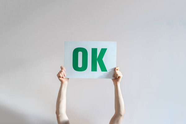 a persons hands holding plate with ok word sign, positive simple design concept