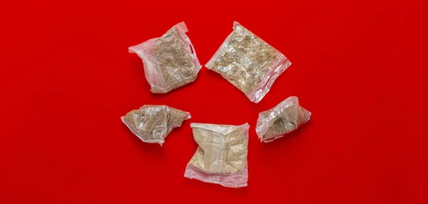 View from above of several rice and other porridge in quick cooking plastic bags package wide long banner — Stock Photo, Image