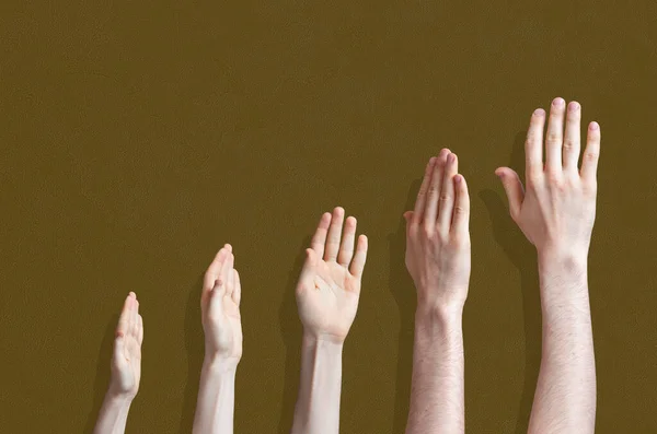 Az öt felemelt emberi kéz elszigetelt a színes háttér, mint a koncepció a szavazás és egyetértés — Stock Fotó