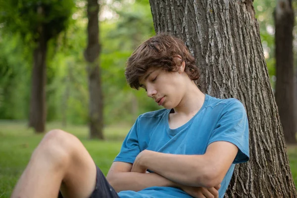 Jovem do sexo masculino dormindo no parque público na grama sob a árvore — Fotografia de Stock