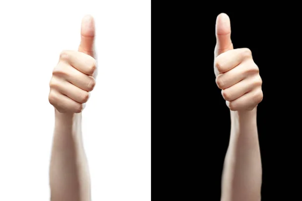 Ręka z kciukiem do góry odizolowana na czarno-białym tle b — Zdjęcie stockowe