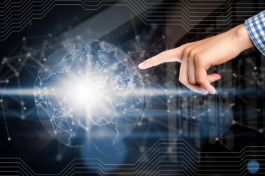 man point at 3d earth gloge hologram b