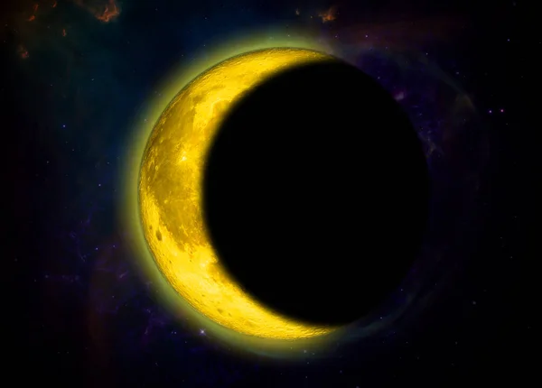 Hilal ya da sarı ayın yarısı uzayda gölgelerle kaplıdır. Bu görüntünün elementleri NASA B tarafından döşenmiştir. — Stok fotoğraf