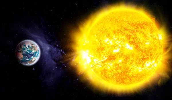 Sıcak güneşin önündeki Dünya gezegeni, bu görüntünün güneş sistemi elementleri Nasa B tarafından desteklenmektedir.