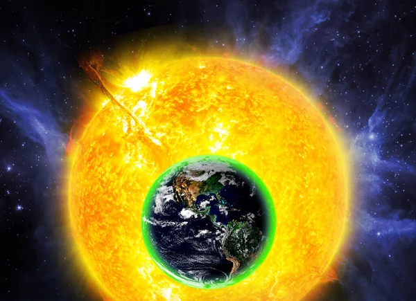 Planet earth in front of hot sun, solar system elements of this image furnished by nasa b — Stock Photo, Image