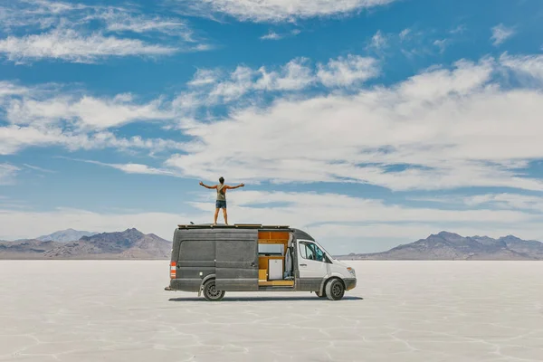 Young Man Camper Van Roof — Stock Photo, Image