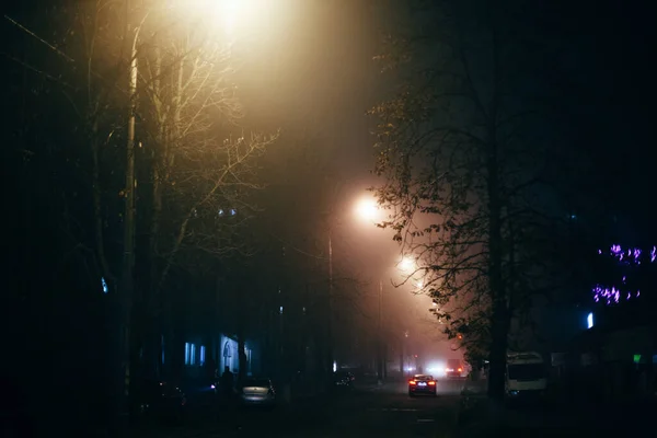Туманная Улица Города Ночью Течение Осени — стоковое фото
