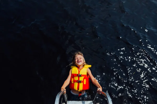 Young Boy Dock Ladder Huge Smile — Stock Photo, Image